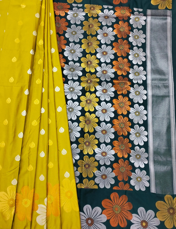 Flower with Daisy Style Mustard Yellow Soft Silk Saree