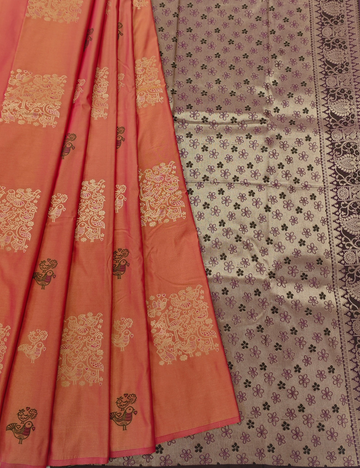 Kuruvi Motifs With Carrot Orange Soft Silk Saree