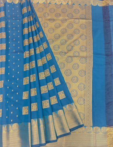 Square Motifs With Water Blue Rubbam Soft Silk Saree