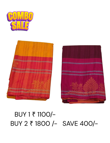 Flower Motifs with Strip Border Yellow And Purple Color Combo Offers Soft Silk Sarees