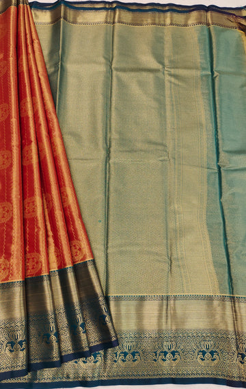 Wavy Motifs Red Wine Tissue Semi Silk Saree