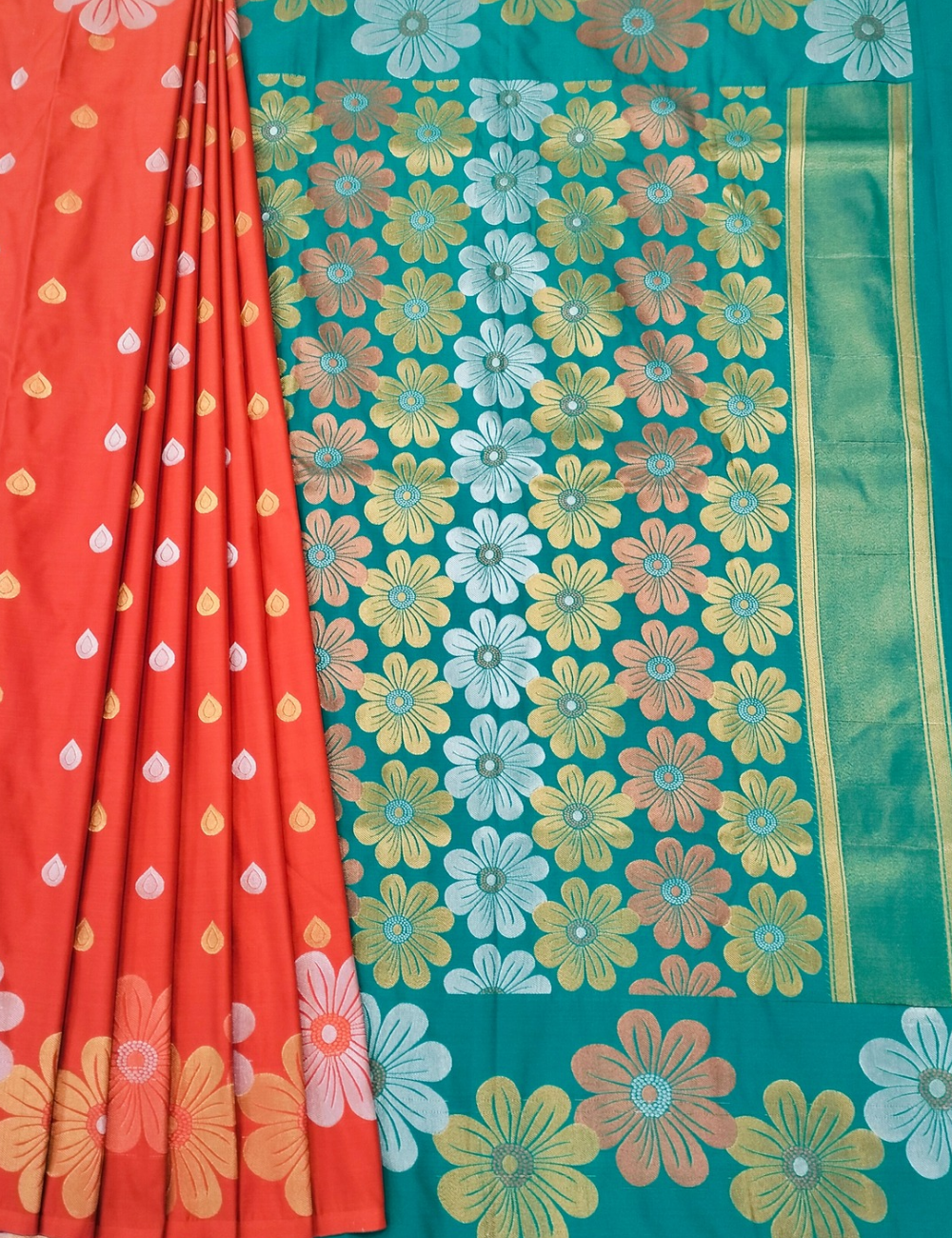 Flower with Daisy Style Valentine Red Soft Silk Saree