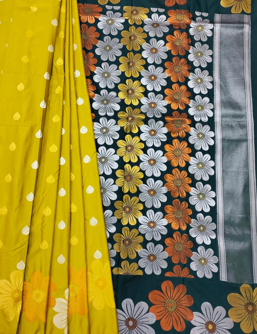 Flower with Daisy Style Mustard Yellow Soft Silk Saree