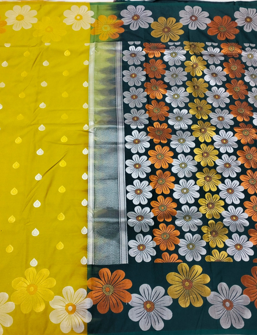 Flower with Daisy Style Mustard Yellow Soft Silk Saree