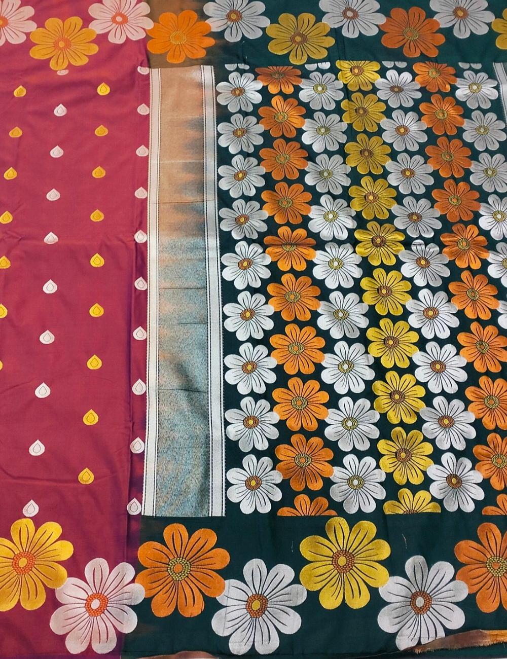 Flower with Daisy Style Maroon Red Soft Silk Saree