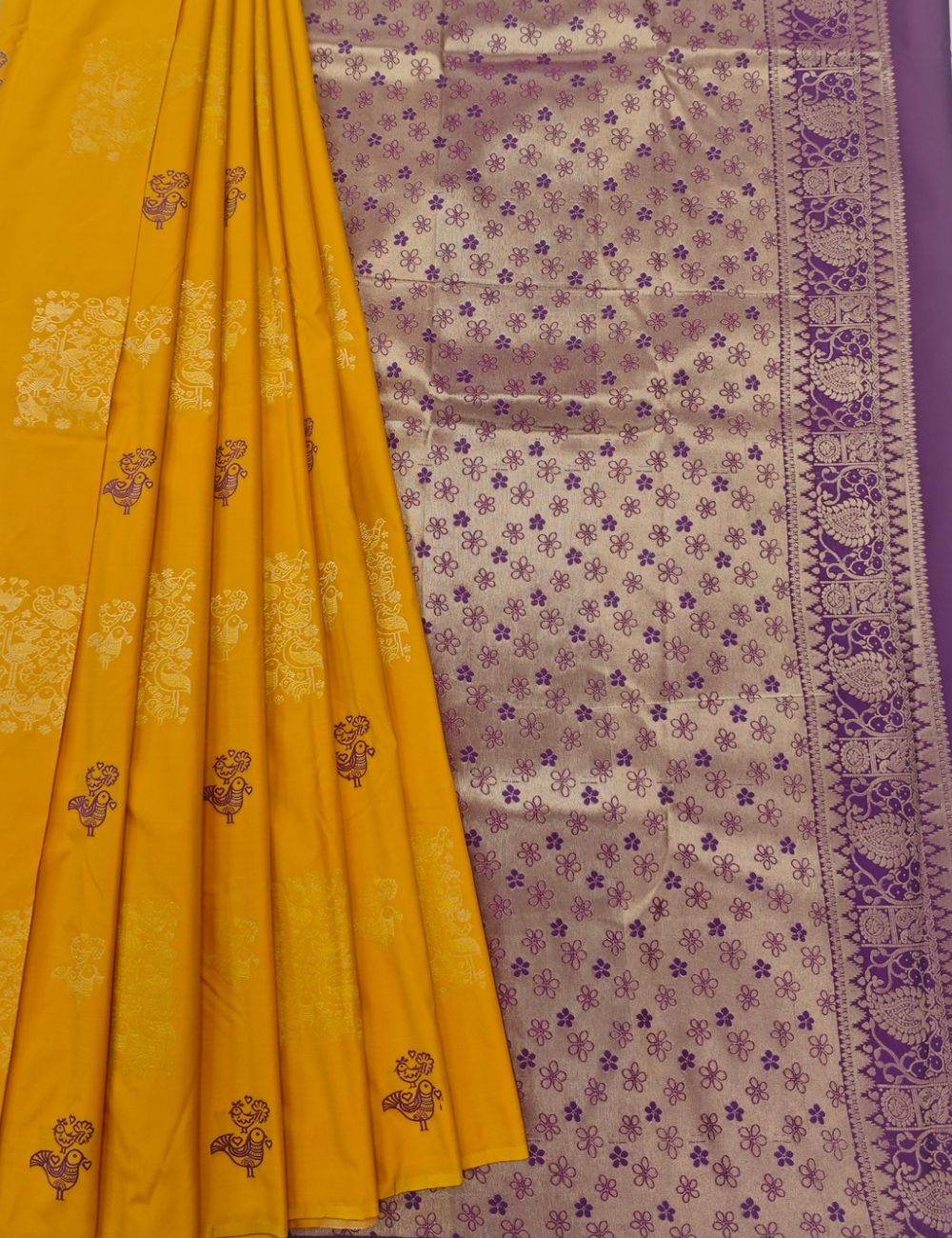 Kuruvi Motifs With Mustard Yellow Soft Silk Saree