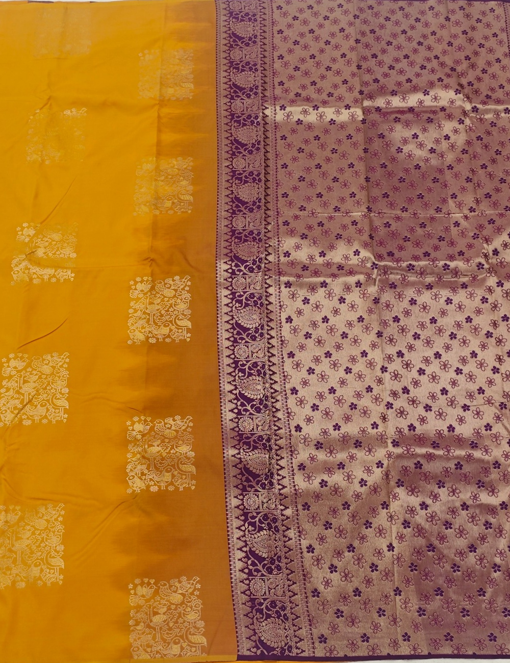 Kuruvi Motifs With Mustard Yellow Soft Silk Saree