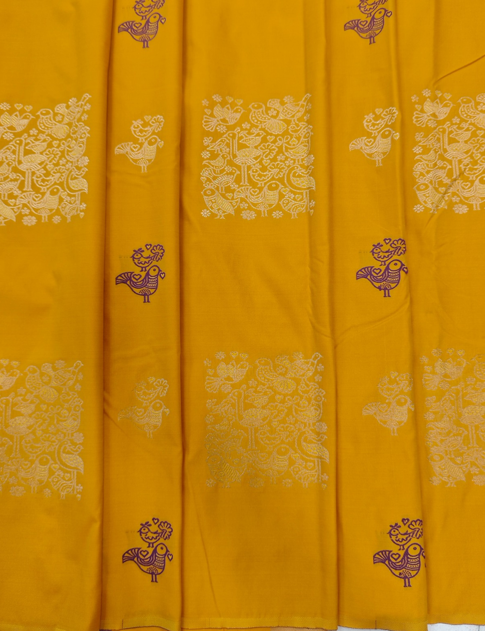 Kuruvi Motifs With Mustard Yellow Soft Silk Saree