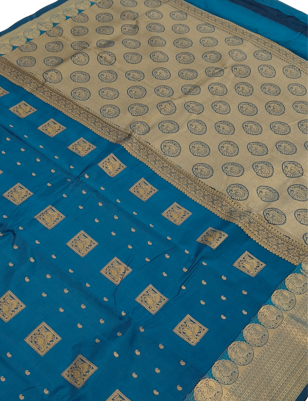 Square Motifs With Water Blue  Rubbam Soft Silk Saree
