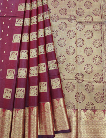 Square Motifs With Dark Pinkish Red  Rubbam Soft Silk Saree