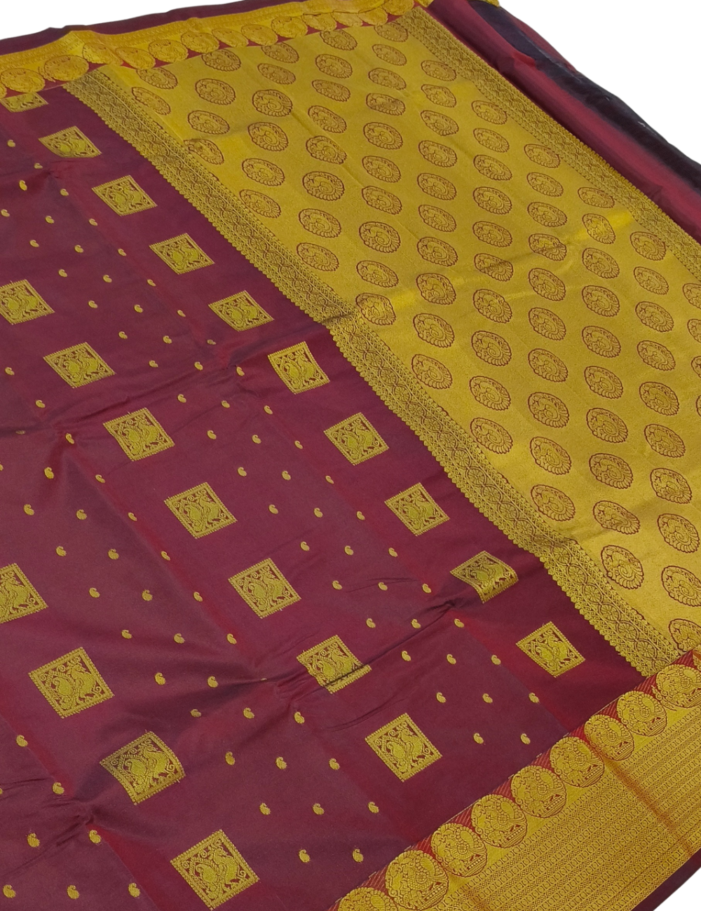 Square Motifs With Dark Pinkish Red  Rubbam Soft Silk Saree