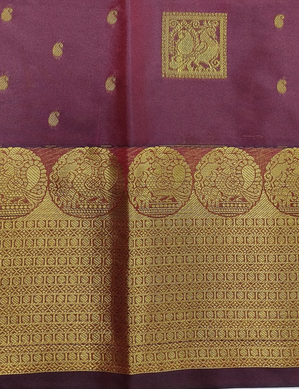 Square Motifs With Dark Pinkish Red  Rubbam Soft Silk Saree
