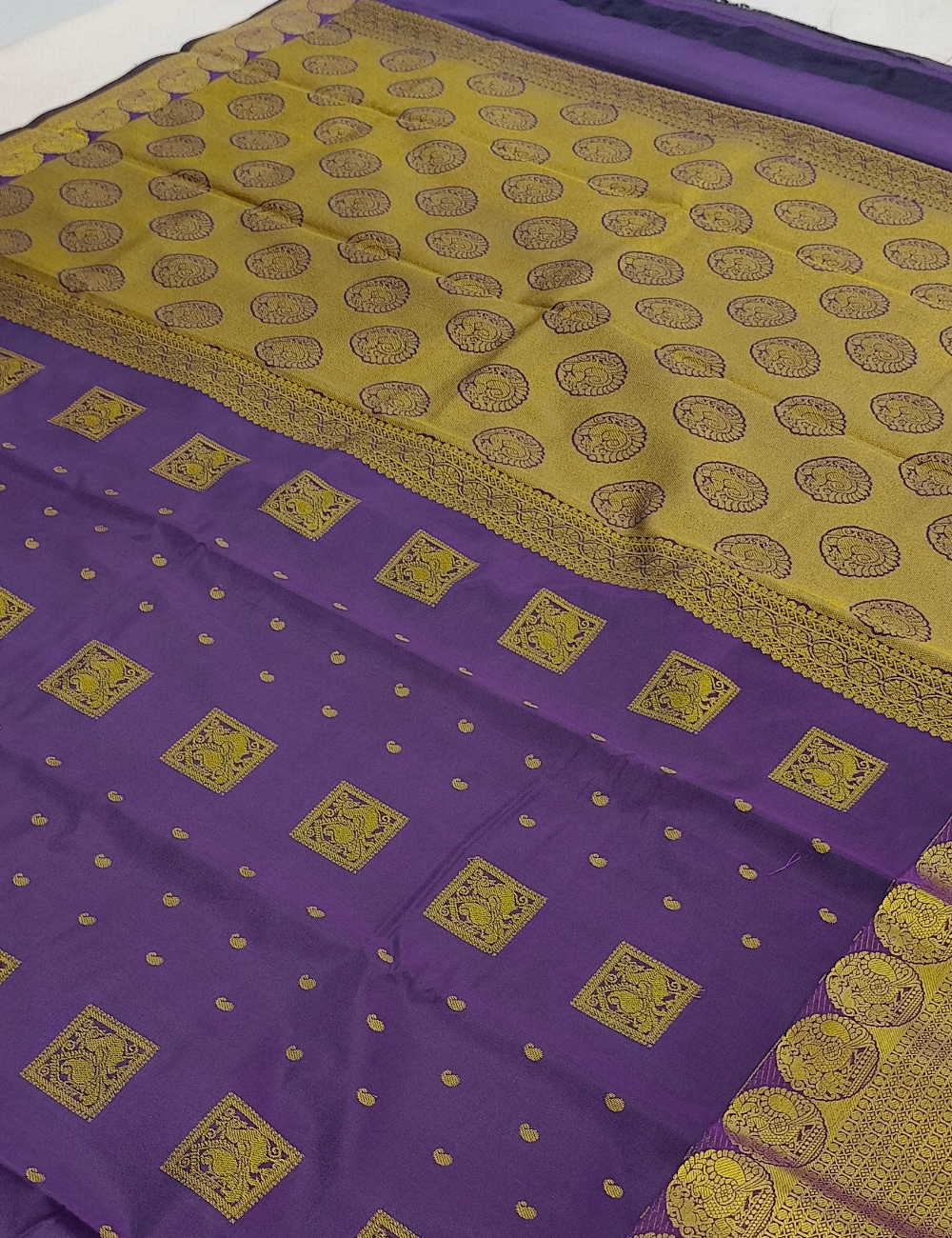 Square Motifs With Dark Lavendar Rubbam Soft Silk Saree