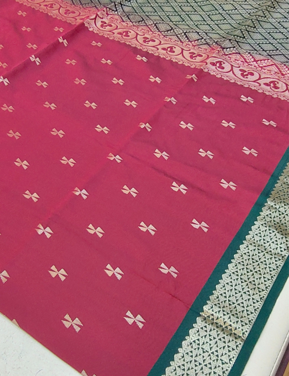 Geometric Flower motifs with Red wine colour soft silk