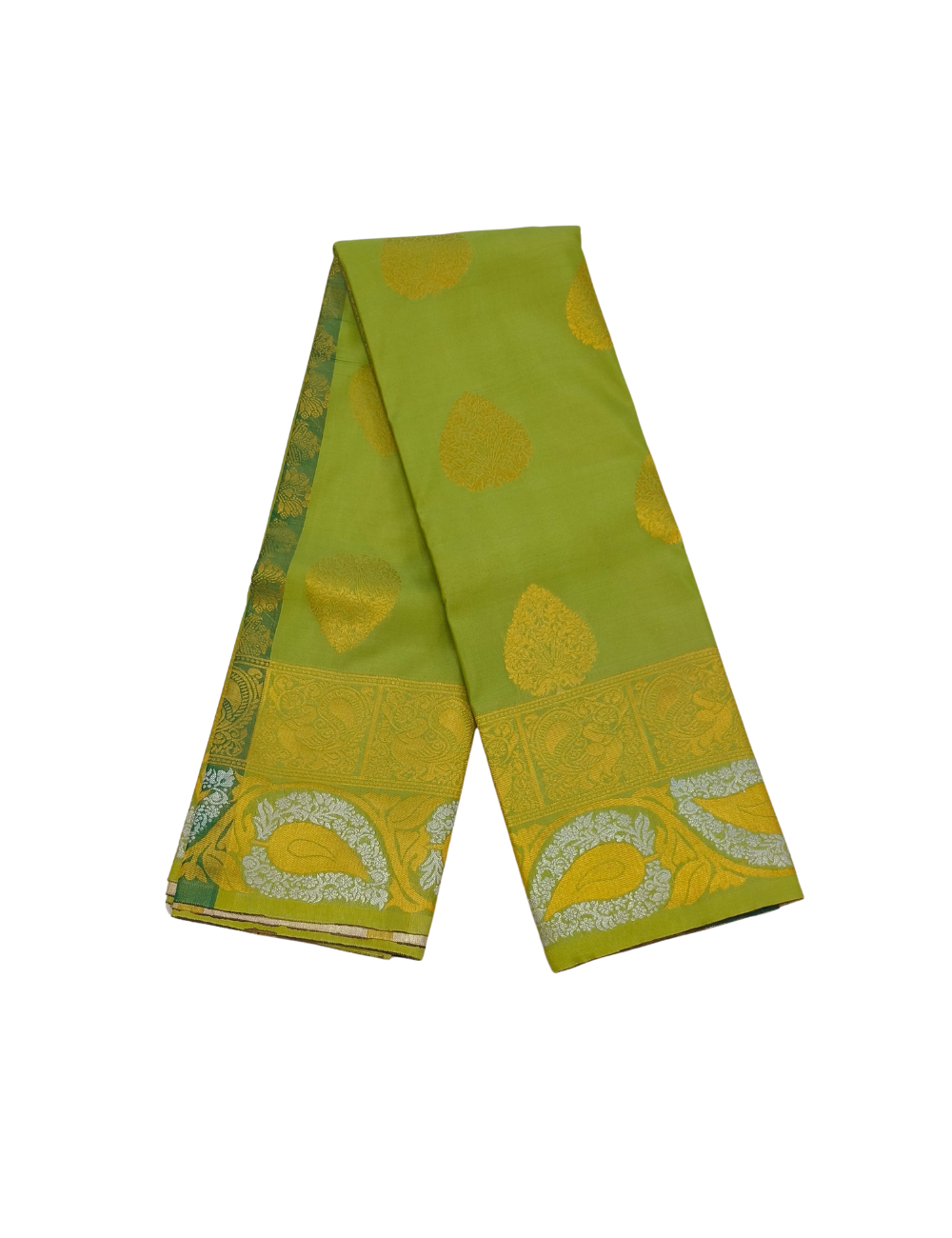 Floral Leaf Motifs With Greenish Yellow Grand Wedding Soft Silk Saree