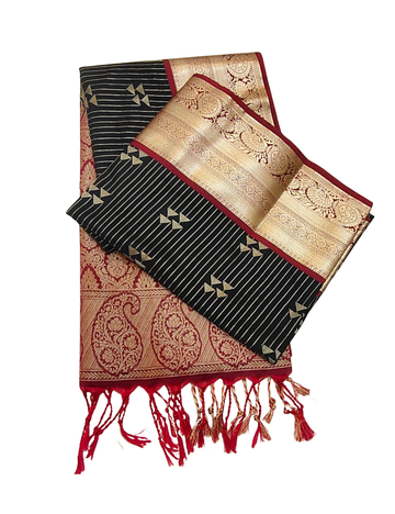 Geometric triangle motifs with stripes Black colour soft silk