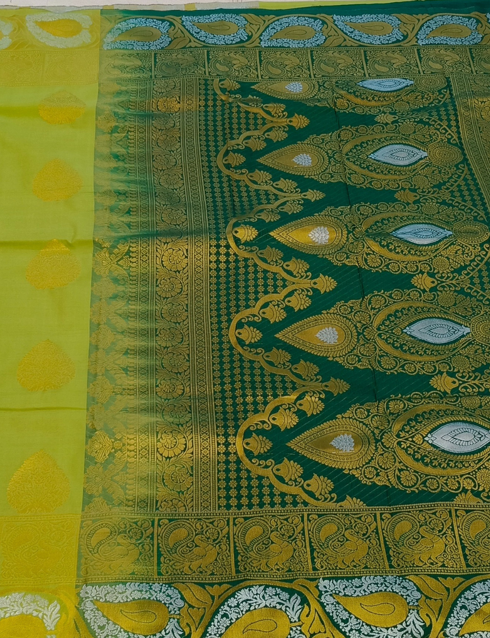 Floral Leaf Motifs With Greenish Yellow Grand Wedding Soft Silk Saree