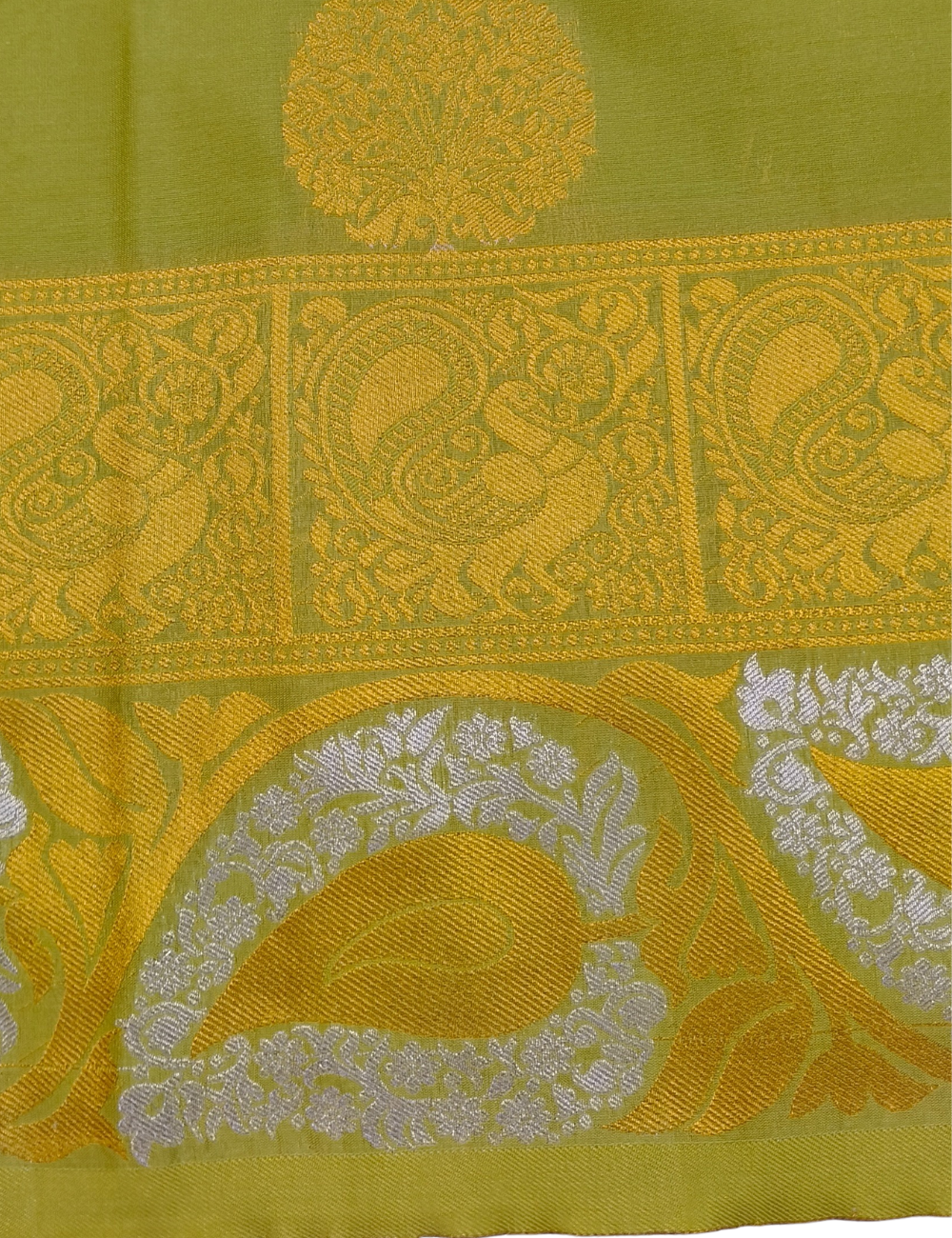 Floral Leaf Motifs With Greenish Yellow Grand Wedding Soft Silk Saree