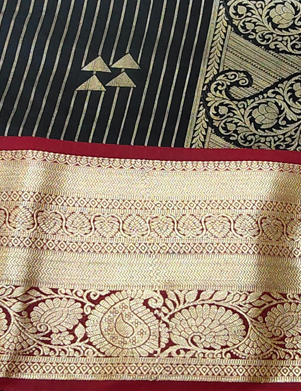 Geometric triangle motifs with stripes Black colour soft silk