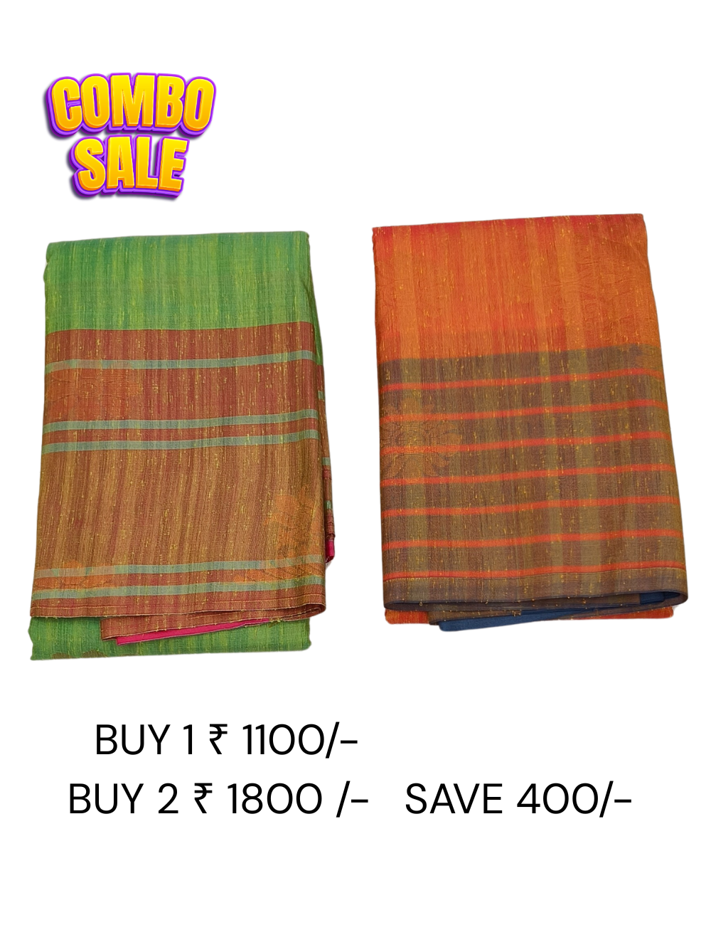 Flower Motifs with Strip Border Green & Orange Color Combo Offers Soft Silk Sarees