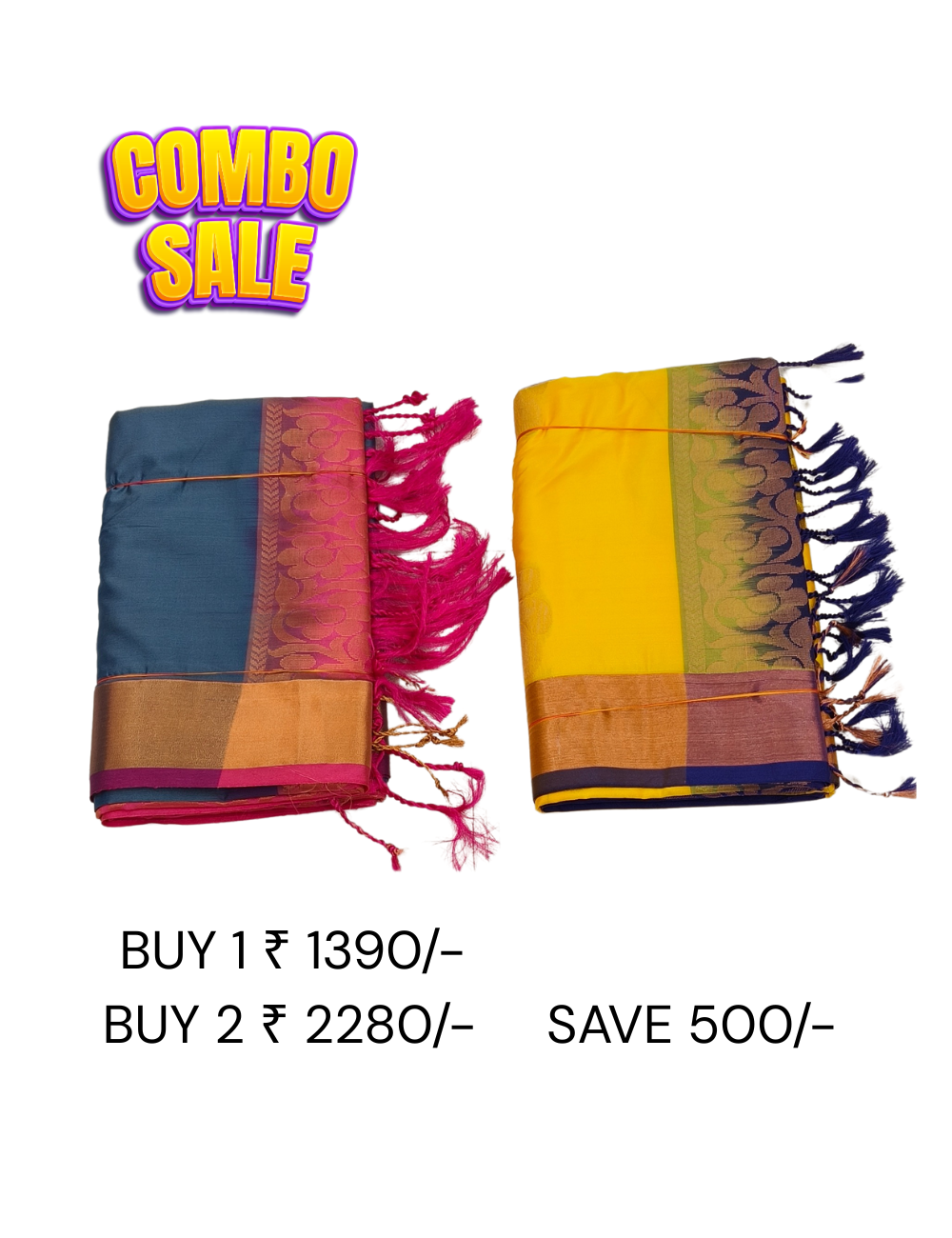 Flower Motifs with Strip Border Yelow & Silverwhite Color Combo Offers Soft Silk Sarees