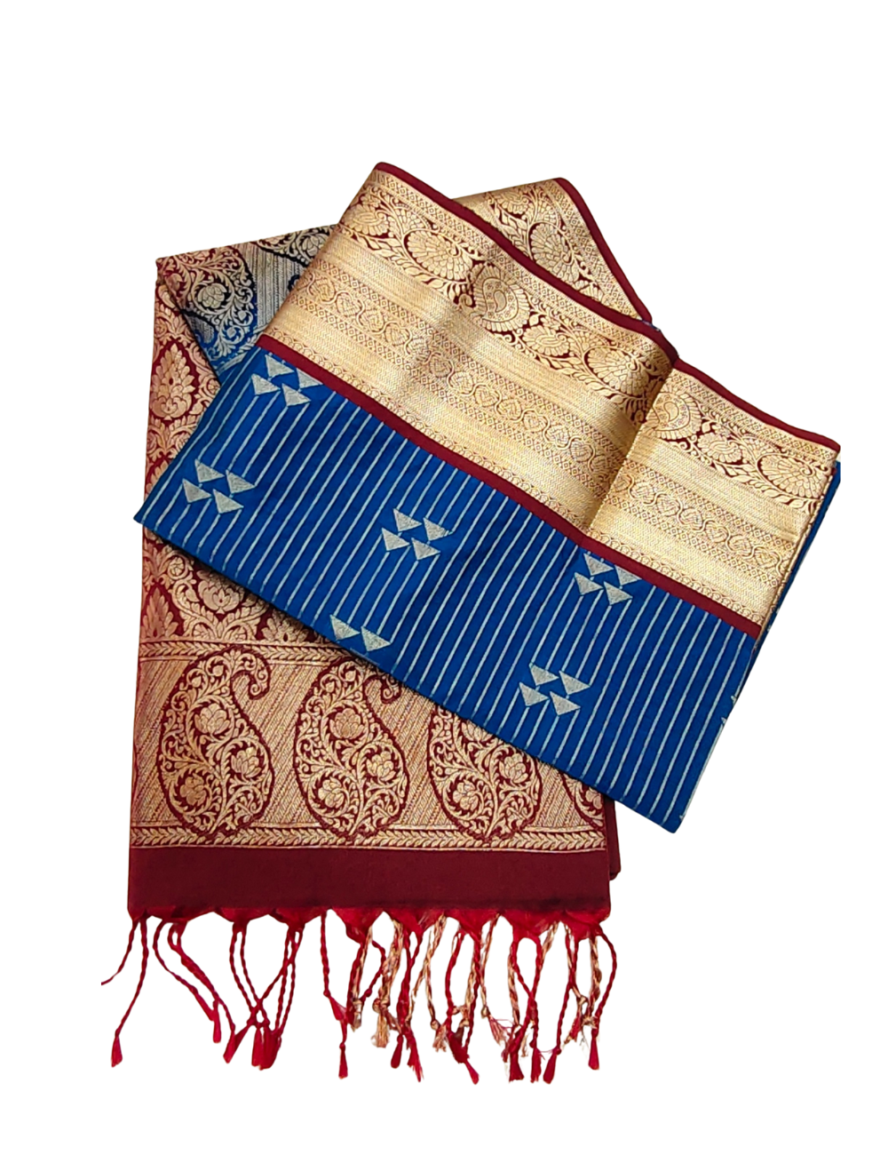 Geometric triangle motifs with stripes Blue colour soft silk