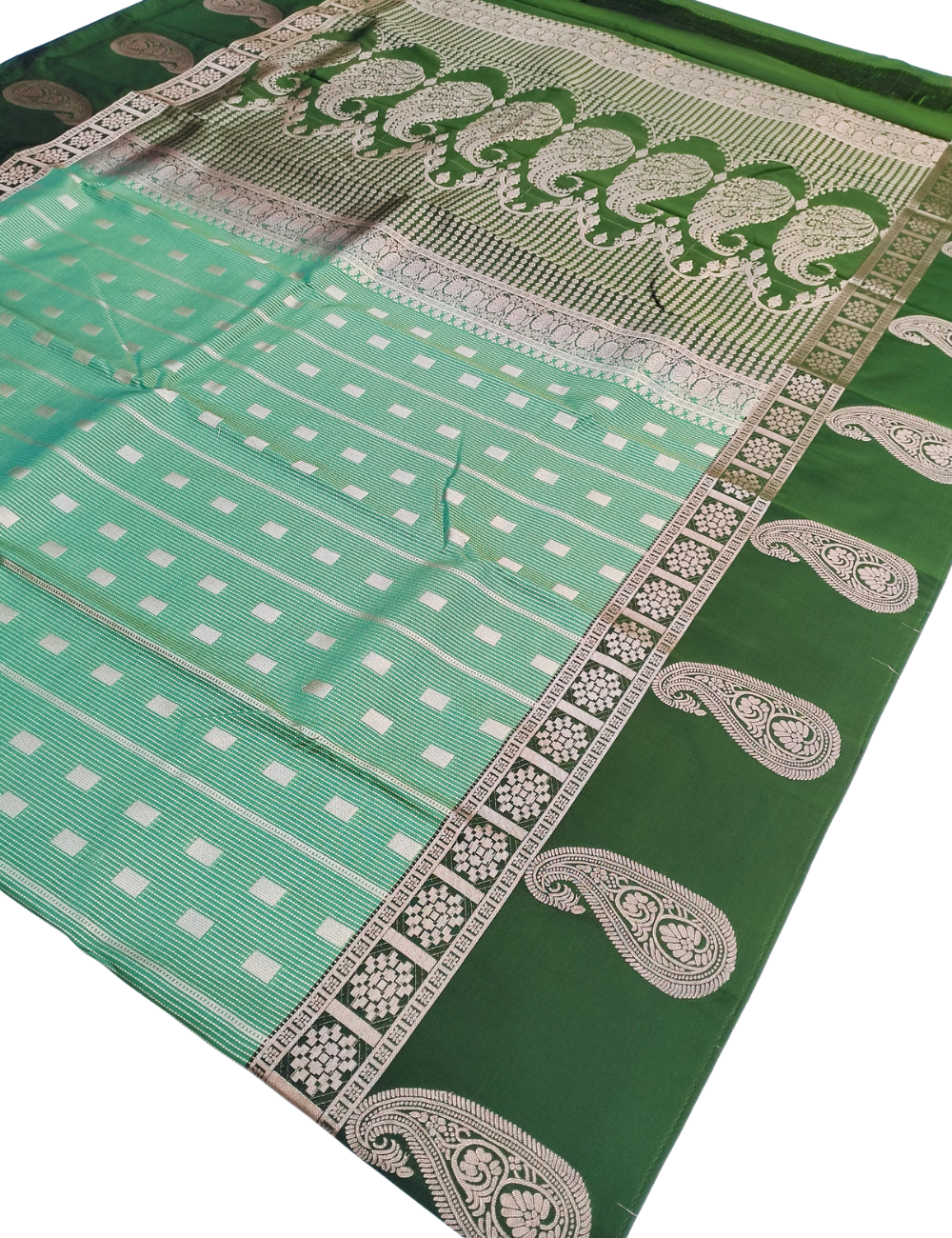 Square Motifs With Dotted  Lines Light Forest Green Premium Soft Silk Saree