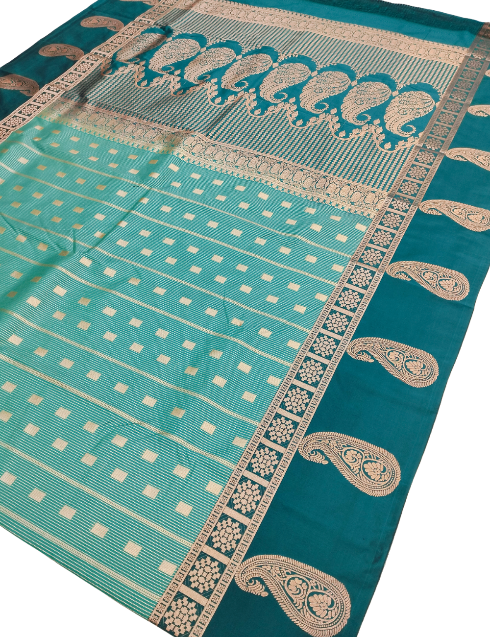 Square Motifs With Dotted  Lines Sea Blue Premium Soft Silk Saree