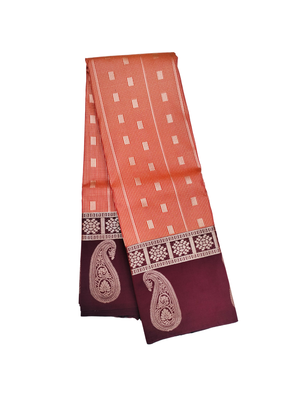 Square Motifs With Dotted  Lines Dark Peach Orange Premium Soft Silk Saree