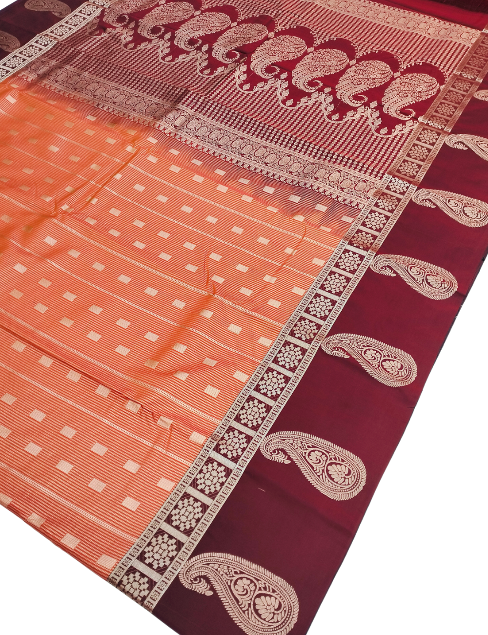 Square Motifs With Dotted  Lines Dark Peach Orange Premium Soft Silk Saree