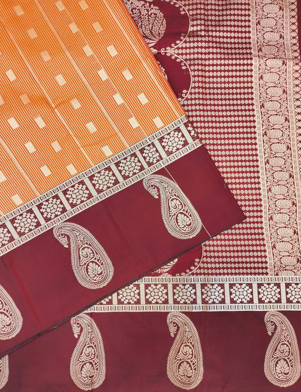Square Motifs With Dotted  Lines Dark Peach Orange Premium Soft Silk Saree