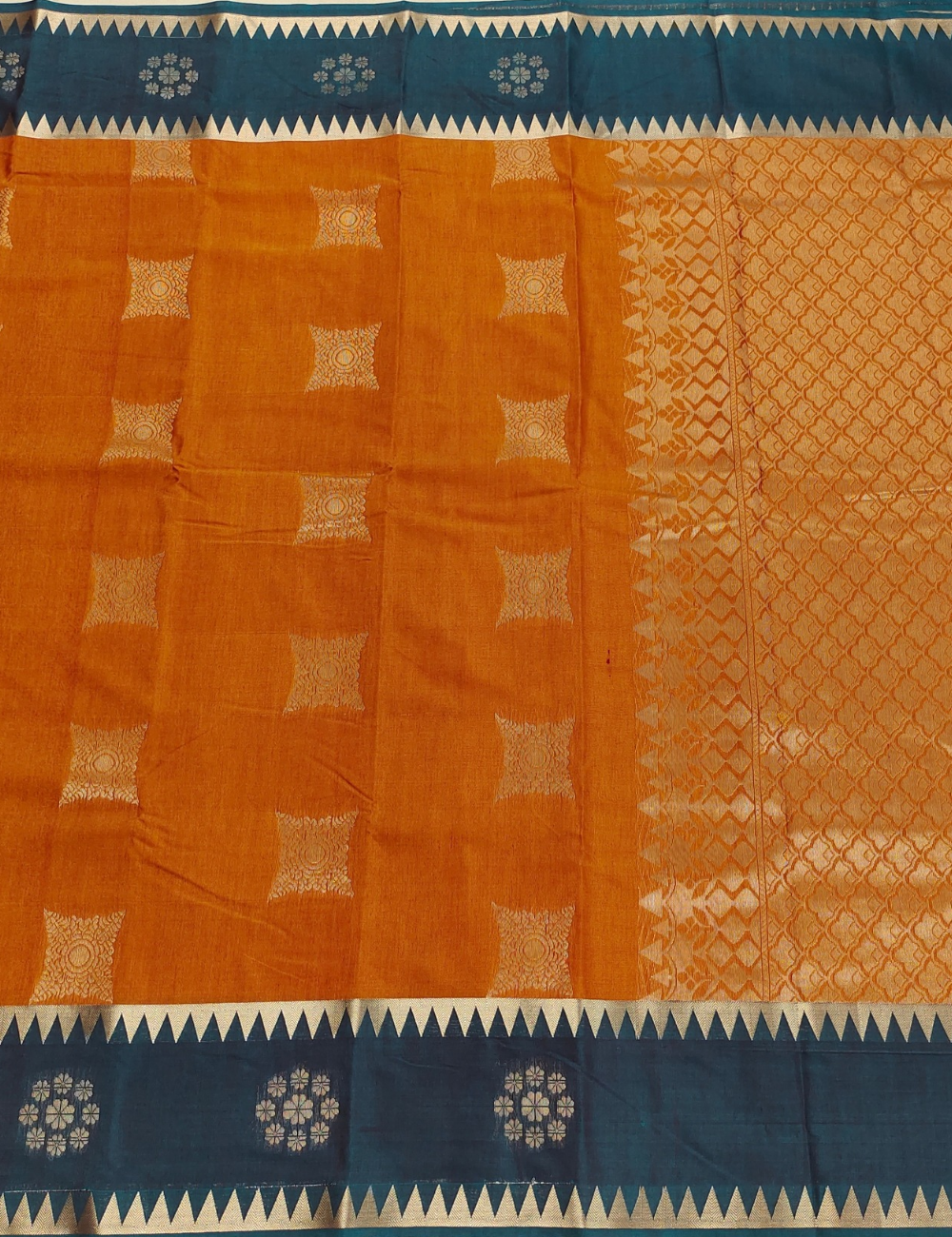 Rust Orange with sharp temple border Silk Cotton