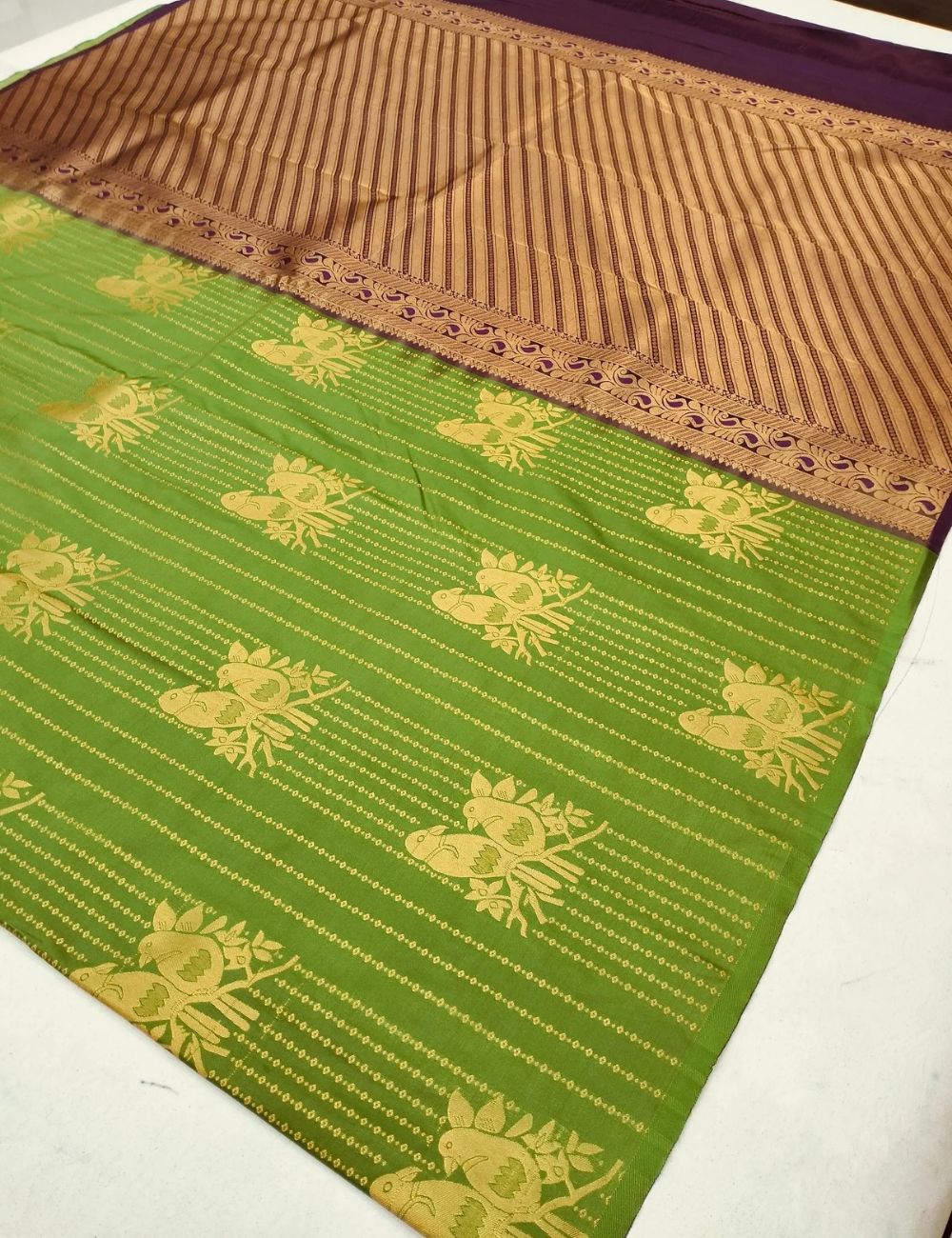 Parrot green with parrot motifs soft silk