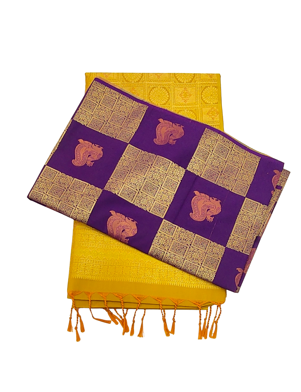 Checked Peacock Motifs With Dark Violet Borderless Soft Silk Saree