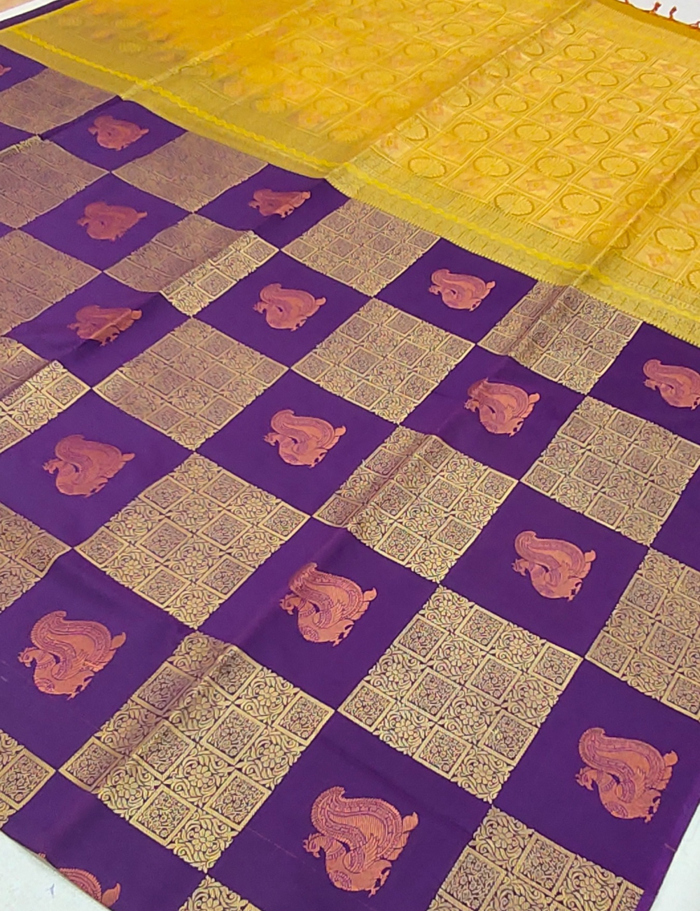 Checked Peacock Motifs With Dark Violet Borderless Soft Silk Saree