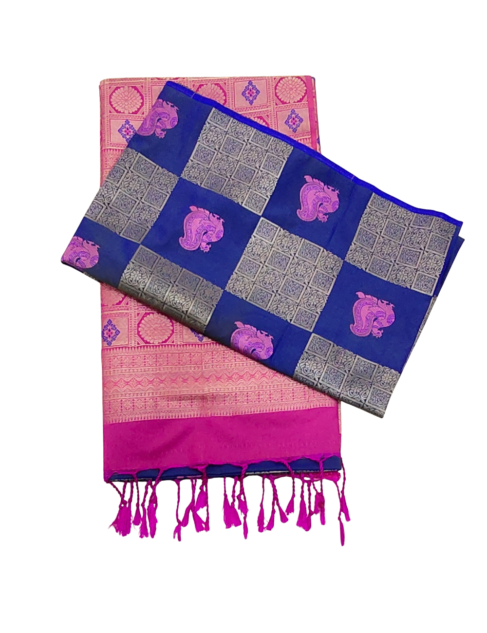 Checked Peacock Motifs With Royal Blue Borderless Soft Silk Saree
