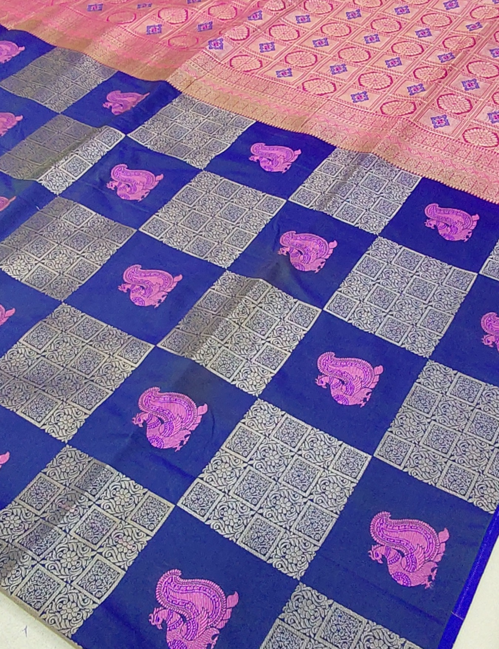 Checked Peacock Motifs With Royal Blue Borderless Soft Silk Saree