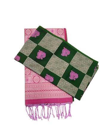 Checked Peacock Motifs With Dark Green Borderless Soft Silk Saree