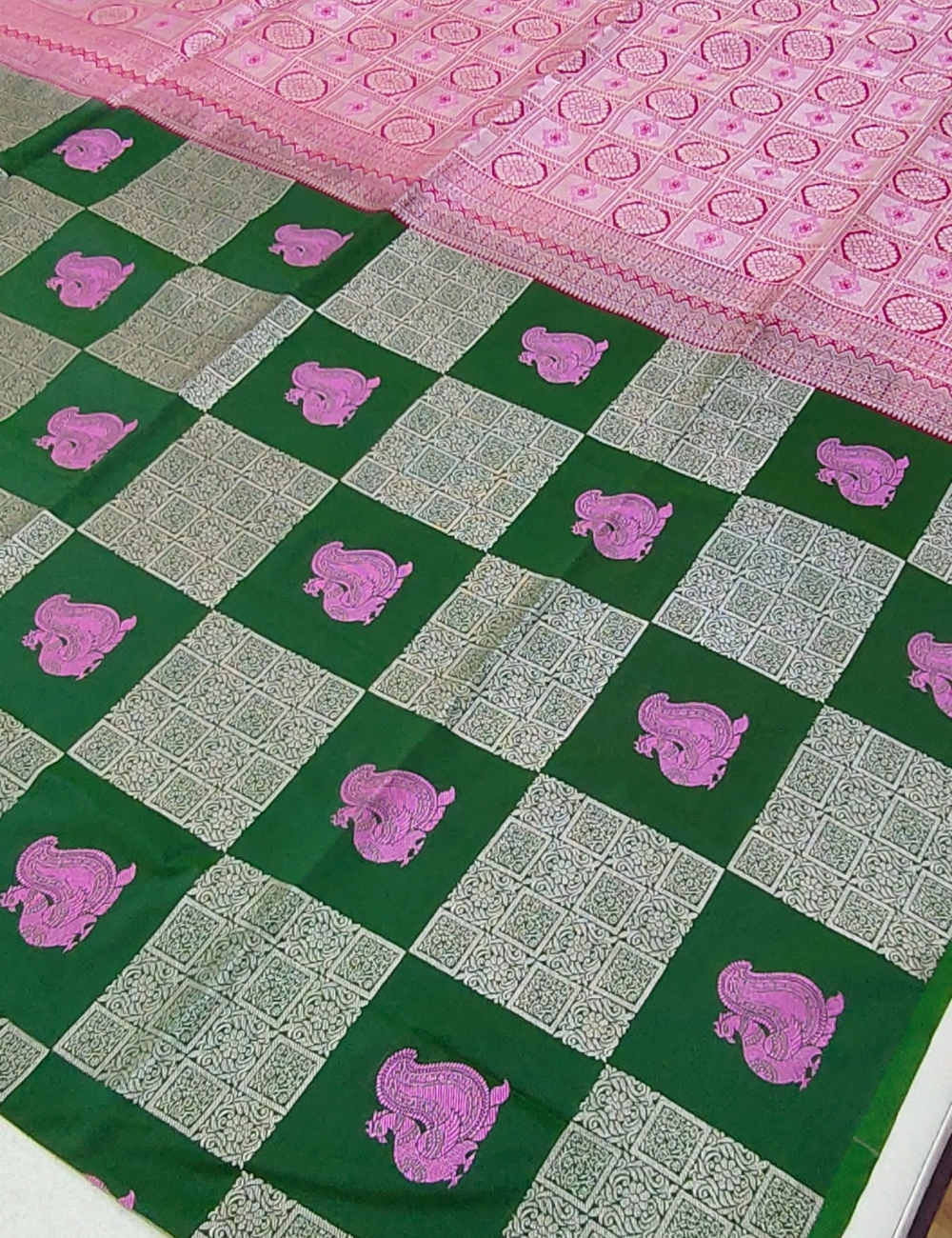 Checked Peacock Motifs With Dark Green Borderless Soft Silk Saree