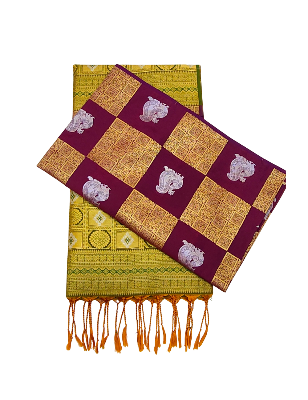 Checked Peacock Motifs With Maroon Red Borderless Soft Silk Saree