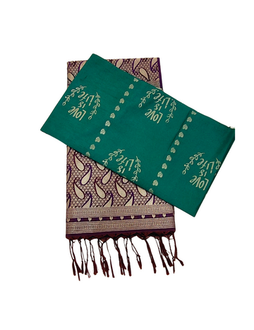 Love is Life Motifs With Teal Blue Green Colour Borderless Soft Silk Saree