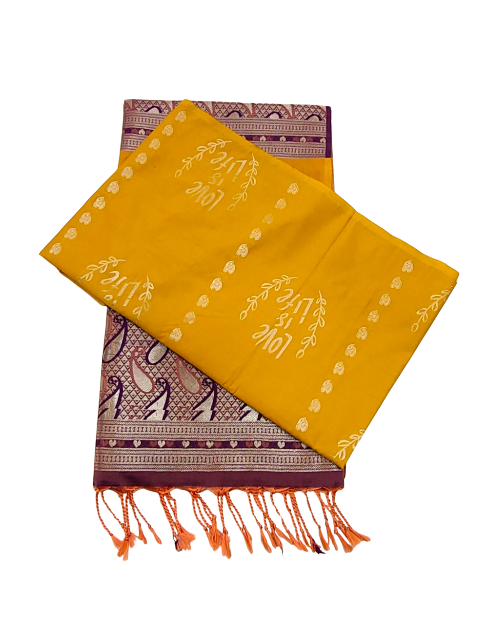 Love is Life Motifs With Yellowish Orange  Borderless Soft Silk Saree