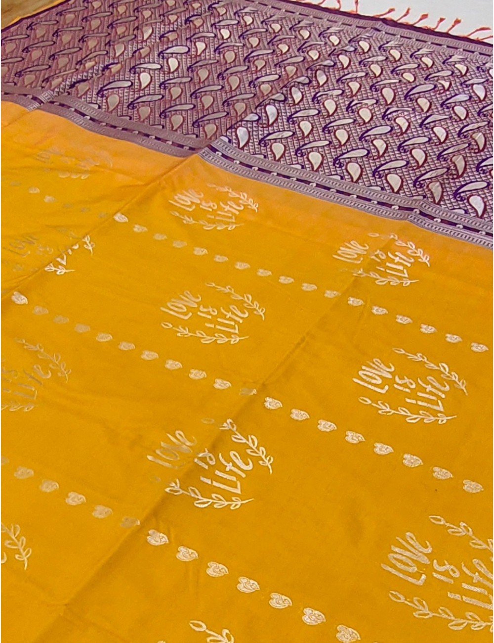 Love is Life Motifs With Yellowish Orange  Borderless Soft Silk Saree