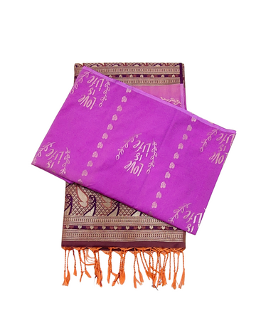 Love is Life Motifs With Purple  Colour Borderless Soft Silk Saree