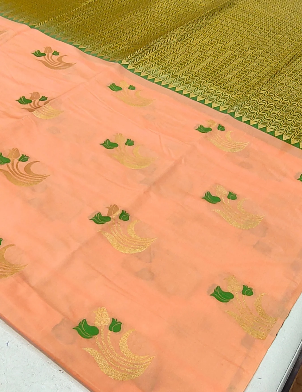 Rose Floral Motifs With Dark Peach Orange  Colour Borderless Soft Silk Saree