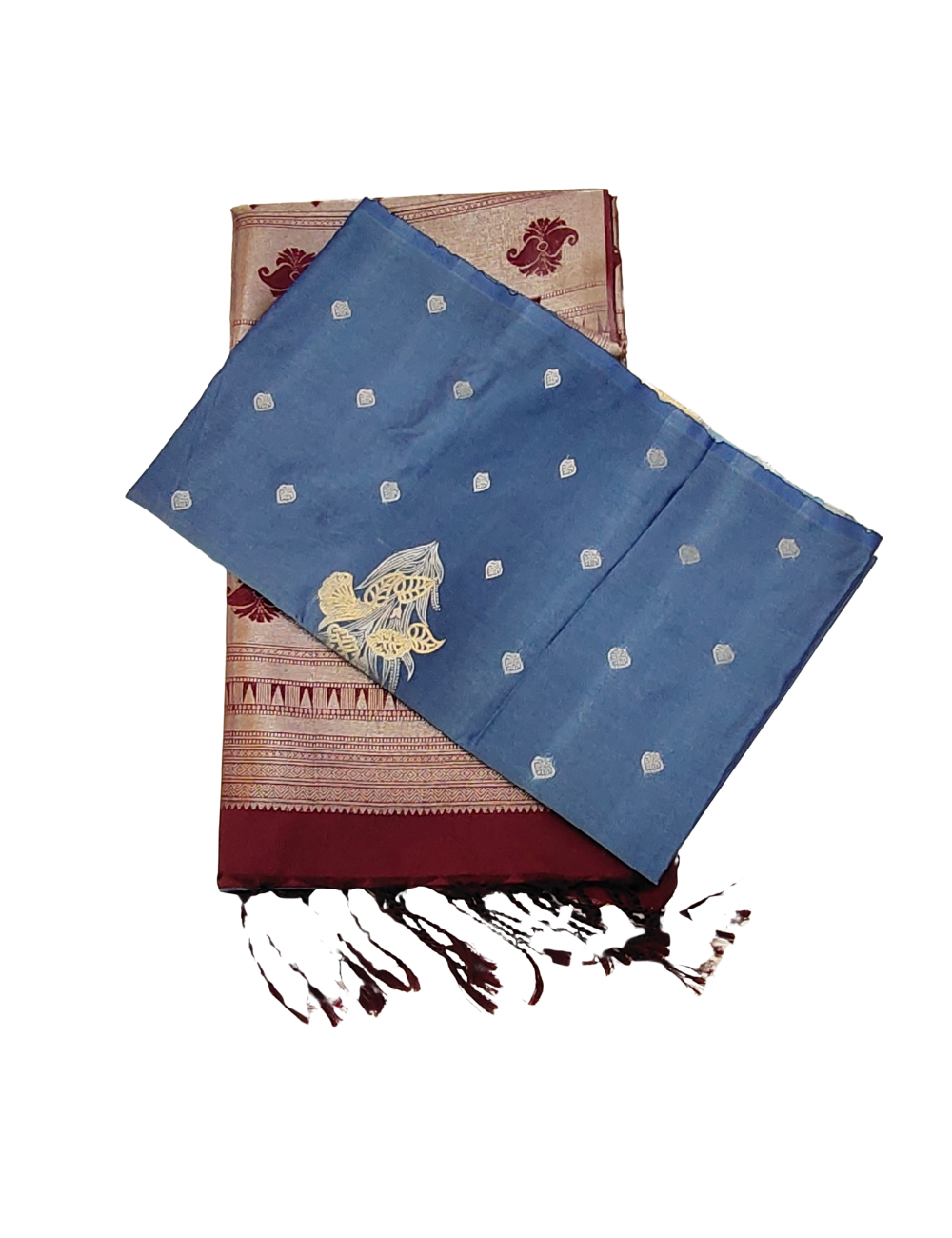 Leaf Motifs With Denim Blue Colour Borderless Soft Silk Saree