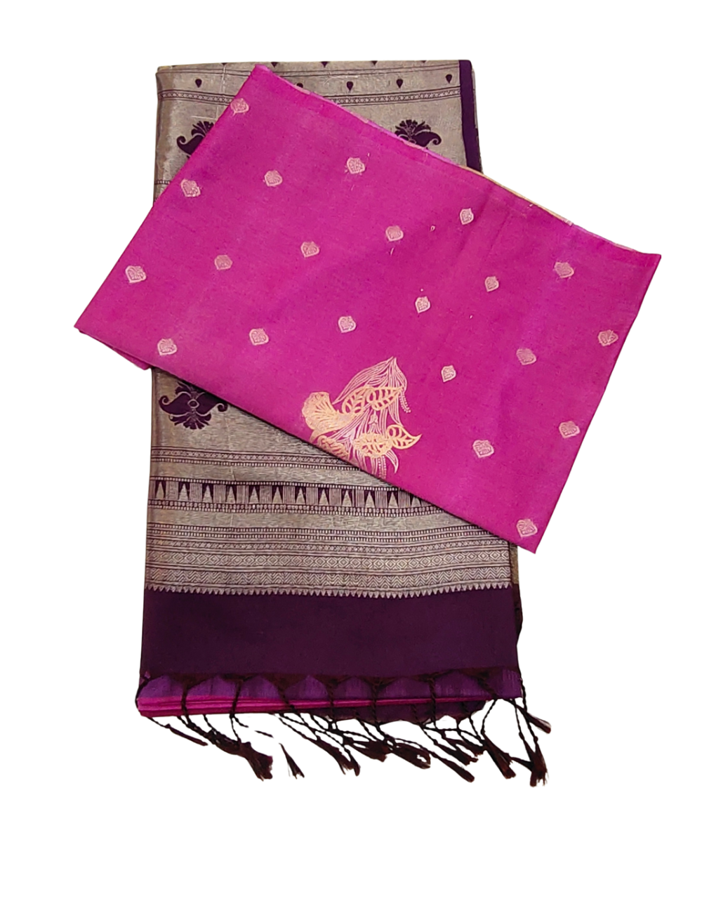 Leaf Motifs With Red Violet  Color Borderless Soft Silk Saree