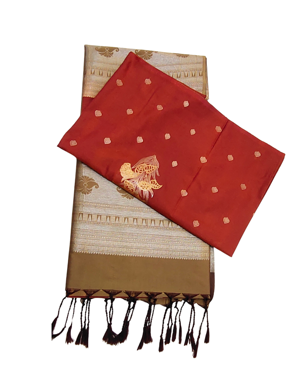 Leaf Motifs With Brown Colour Borderless Soft Silk Saree