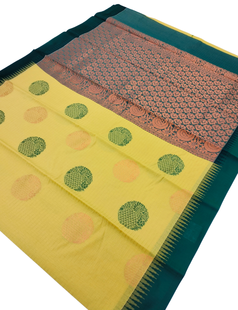 Circular floral motifs with lemon yellow Bamboo cotton