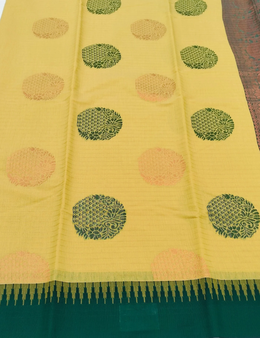 Circular floral motifs with lemon yellow Bamboo cotton